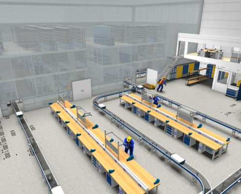 Darstellung einer 3D-Planung von SSI zur Einrichtung einer Produktionshalle
